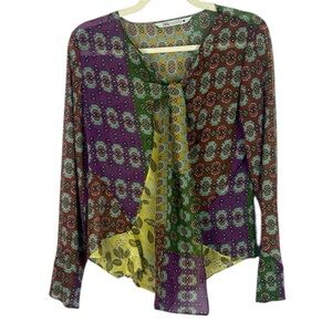 Zara Multicolor Bold Boxy Boho Patchwork Long Sleeve Sheer Small Tie-Neck Blouse